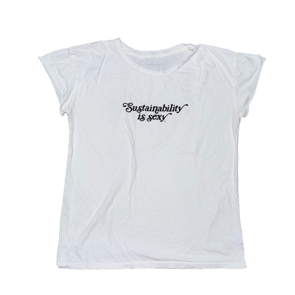 Vitamin A Graphic T-Shirt Womens Small White Excellent Sustainability Is Sexy